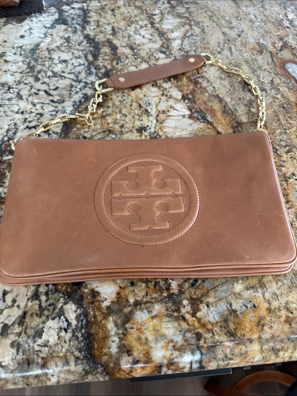 Tory Burch Cognac Leather Logo Chain Shoulder Bag